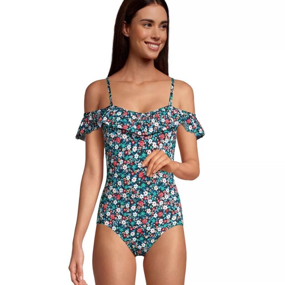 Lands' End Teal Floral Off-Shoulder One-Piece Swimsuit